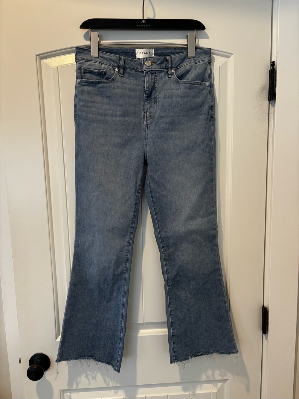 Frame Denim Light Blue Cropped Flare Jeans with Raw Hem